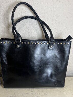 Patricia Nash Classic Black Leather Studded Double Handles Tote Bag Shoulder Bag